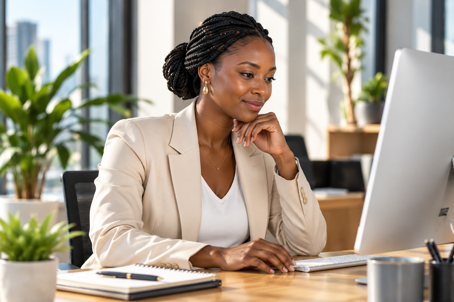Professionnelle utilisant son ordinateur dans un bureau lumineux