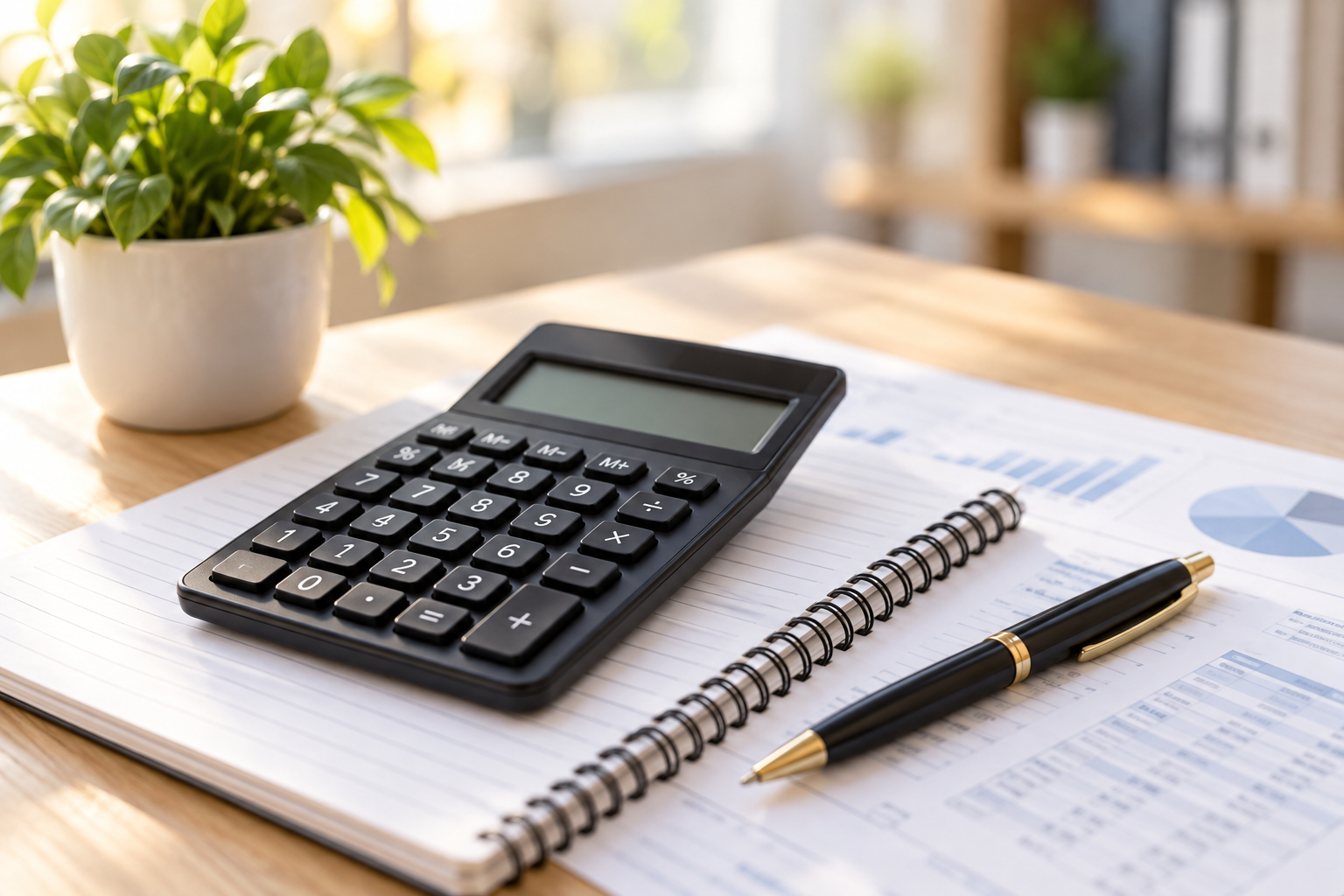 Calculatrice et documents de gestion sur un bureau