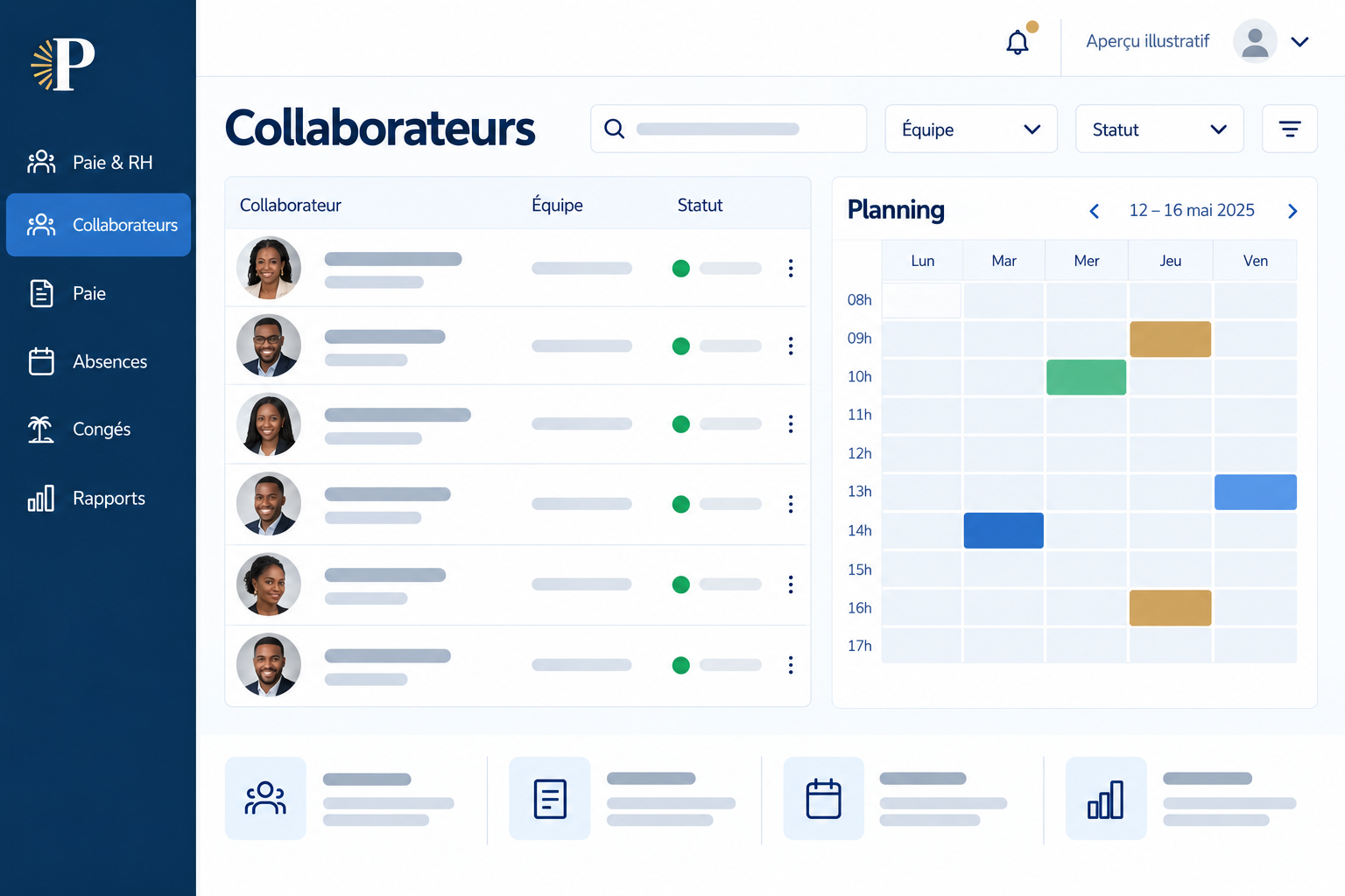 Aperçu illustratif de la gestion des collaborateurs et du planning Perfecto