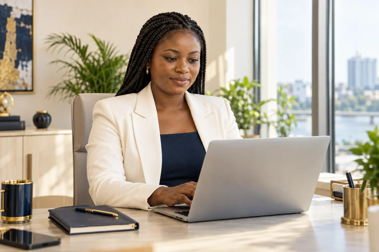 Une professionnelle travaille sur sa gestion comptable dans un bureau lumineux.